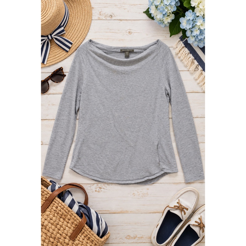 Tommy Bahama Women's Boatneck Bateau Long Sleeve Grey Top Preppy Casual, Small